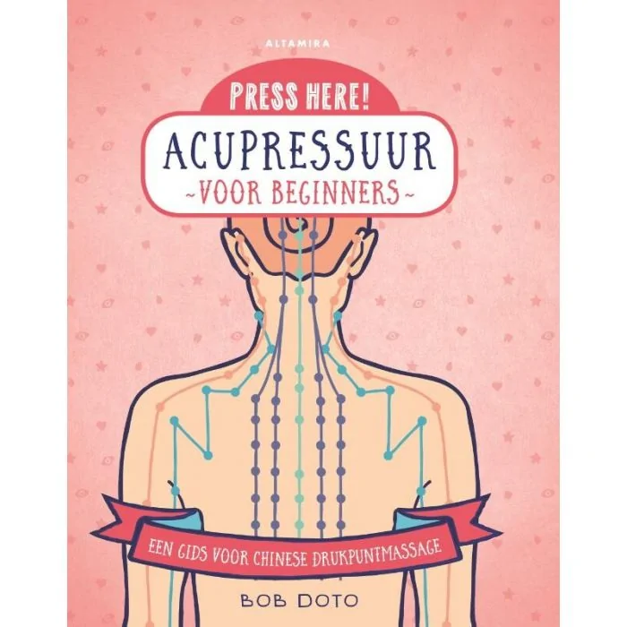 Boeken Acupressuur, cover van acupressuur voor beginners. Een boek van Bob Doto, een afbeelding van een getekende man met op zijn rug de drukpunten zijn afgebeeld in diverse kleuren.