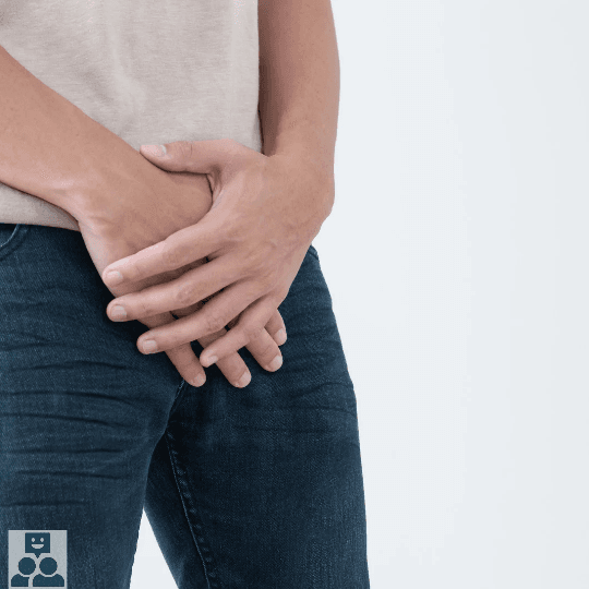 Behandeling bij Prostaatkanker, man in blauwe spijkerbroek houdt zijn handen voor zijn kruis.