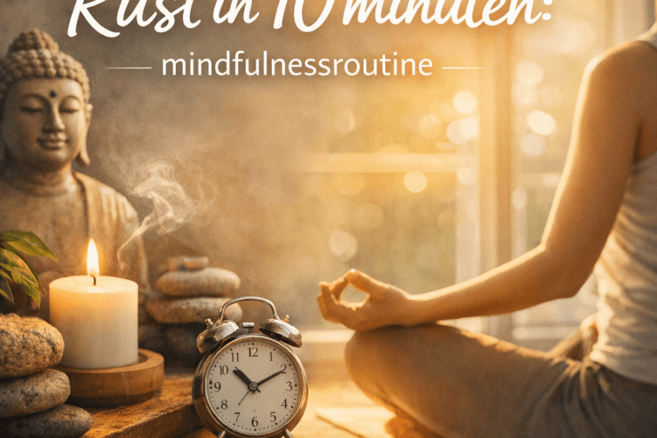 Vrouw mediteert in zonlicht naast Boeddhabeeld, kaars en wekker met tekst 'Rust in 10 minuten: mindfulnessroutine' en logo ikwiltherapie.