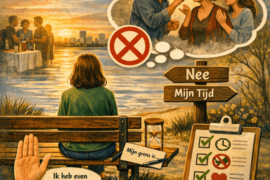 Vrouw zit alleen op een bankje bij zonsondergang, denkt na over familieconflict, met checklist en stopgebaar. Tekst: ikwiltherapie.nl.