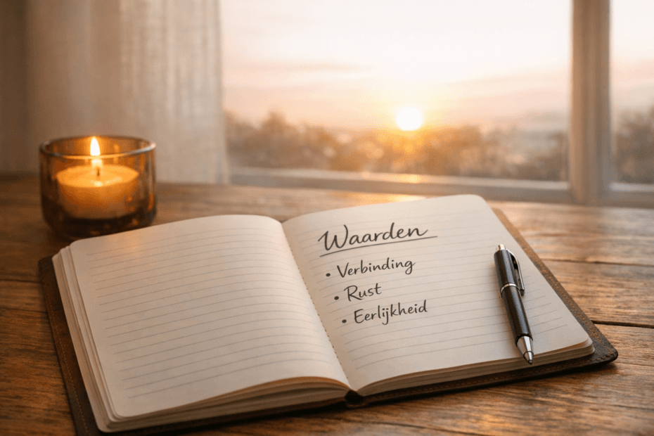 Notitieboek met handgeschreven woord Waarden, pen en brandende kaars bij zonsopgang.
