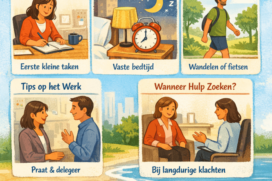 Informatieve illustratie over omgaan met post-vakantiestress, met vijf praktische tips en het logo van ikwiltherapie.nl onderaan.