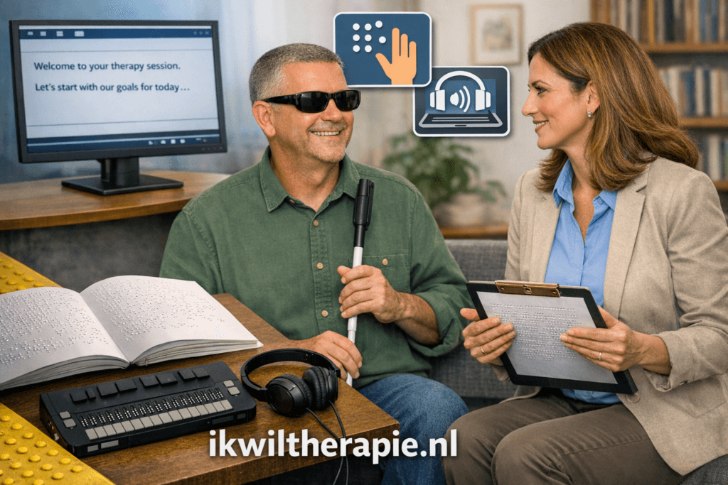Therapiesessie met blinde cliënt en vrouwelijke therapeut, omringd door brailleboek, brailleleesregel, koptelefoon en schermlezer. Beeld benadrukt inclusie en toegankelijkheid in therapie. Onderaan staat het logo van ikwiltherapie.nl.