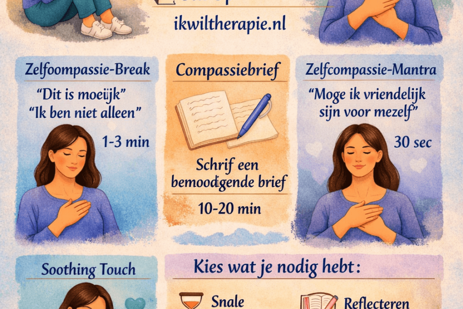 Infographic met illustraties van een vrouw die zelfcompassie-oefeningen toepast na falen, inclusief visuele uitleg van vier oefeningen en keuzehulp onderaan.